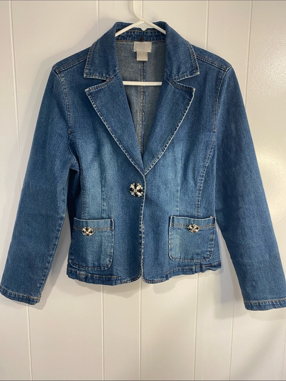 berek Blue Denim Blazer Jacket Rhinestone Buttons Glam Coastal Cowgirl Medium